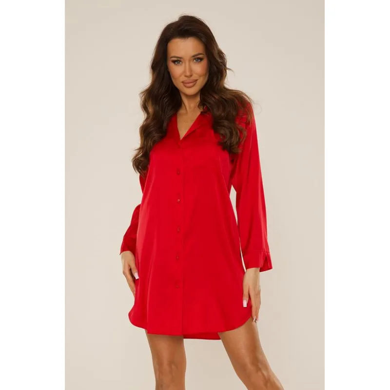 Saténová nočná košeľa Cordelia s dlhým rukávom červená S