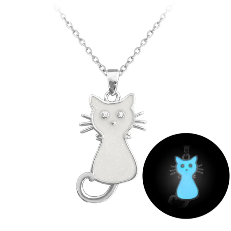 Svietiaci biely strieborný náhrdelník mačička MINET JMAD0024WN38