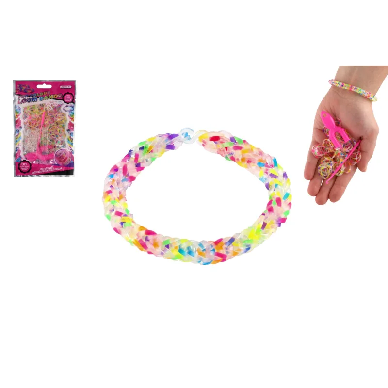 Teddies Urob si svoj náramok - gumičky 200ks dúhové + náradie v sáčku 10x16cm