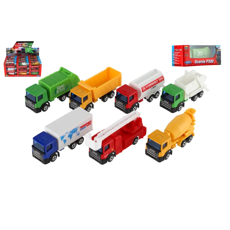 Dromader Dromedár Auto nákladné Welly Scania kov/plast 7,5cm 6 druhov v krabičke 10,5x4x4cm 36ks v boxe