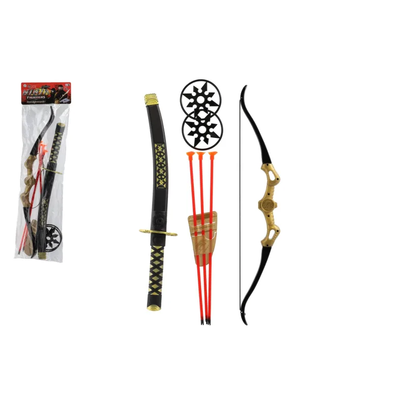 Teddies Ninja sada meč s doplnkami plast hviezdice 2ks, luk + šípy na prísavku 3ks v sáčku 17x60x5cm
