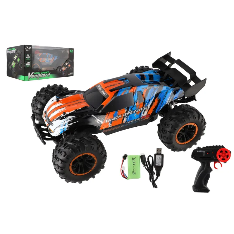 Teddies Auto RC Buggy rýchlostný 2,4 GHz plast 40cm dobíjací pack+batérie oranžové-modré v krabici 42x21x28cm