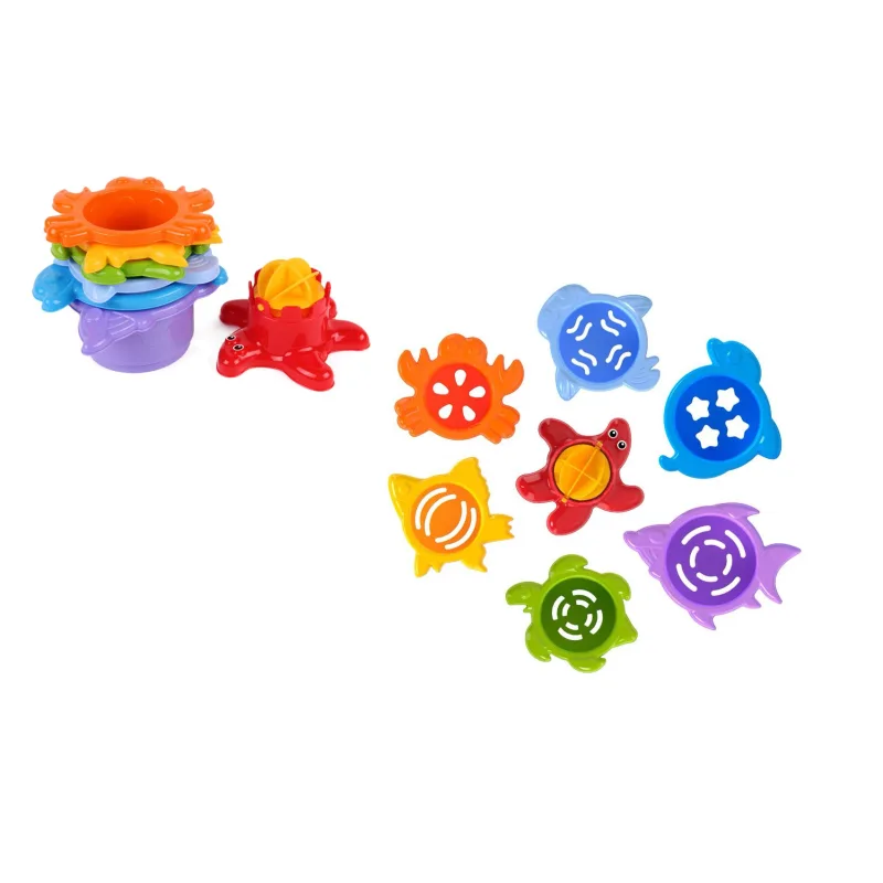 Teddies Kubus pyramída skladačka vodný mlynček morské zvieratká plast v sieťke 11x14x11cm 12m+