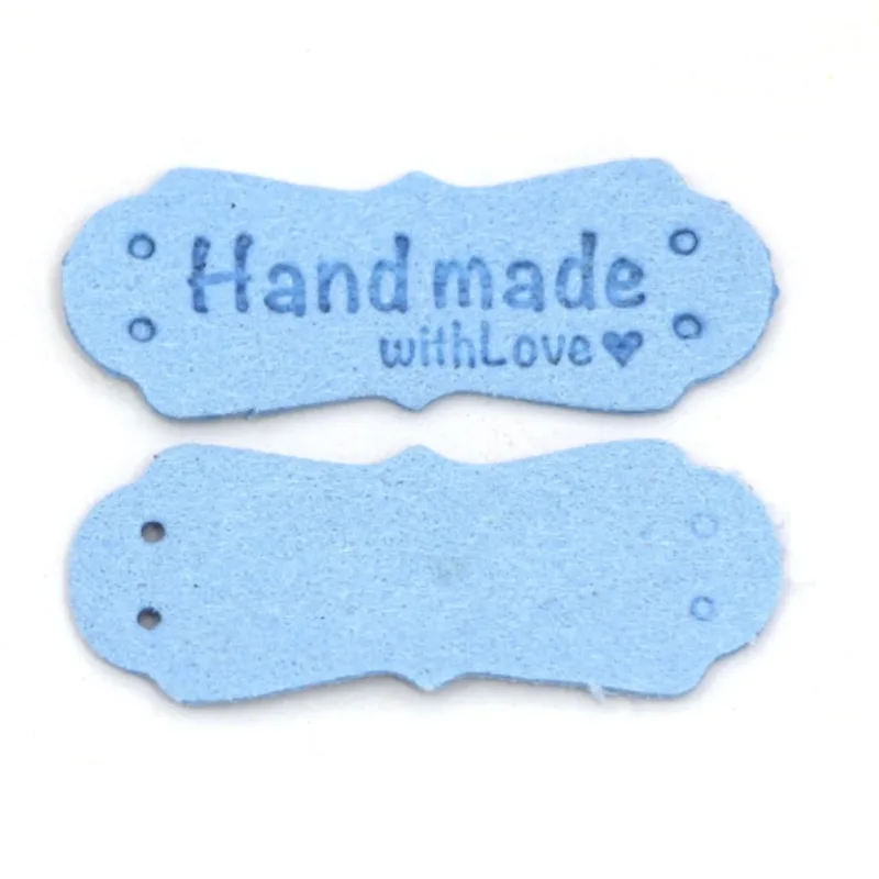 Ceduľka Hand made with love, umelá koža - modrá