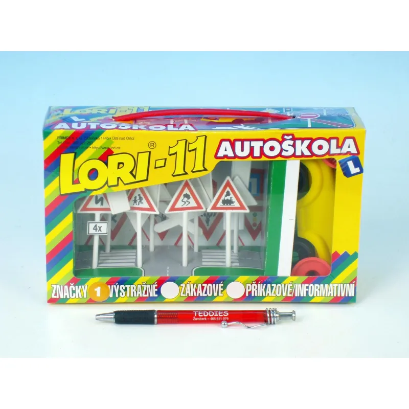LORI Stavebnica LORI 11 Autoškola Dopravné značky 16ks+2 kužele+auto plast v krabici 22x13x6cm