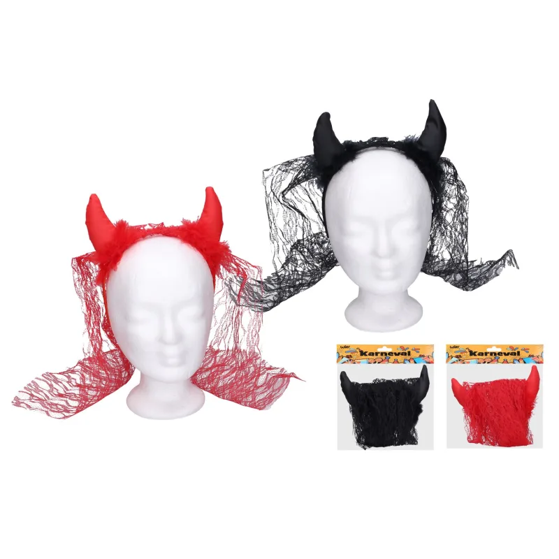 Wiky Rohy čertovské so závojom čelenka látka/plast čierne v sáčku 22x25cm karneval