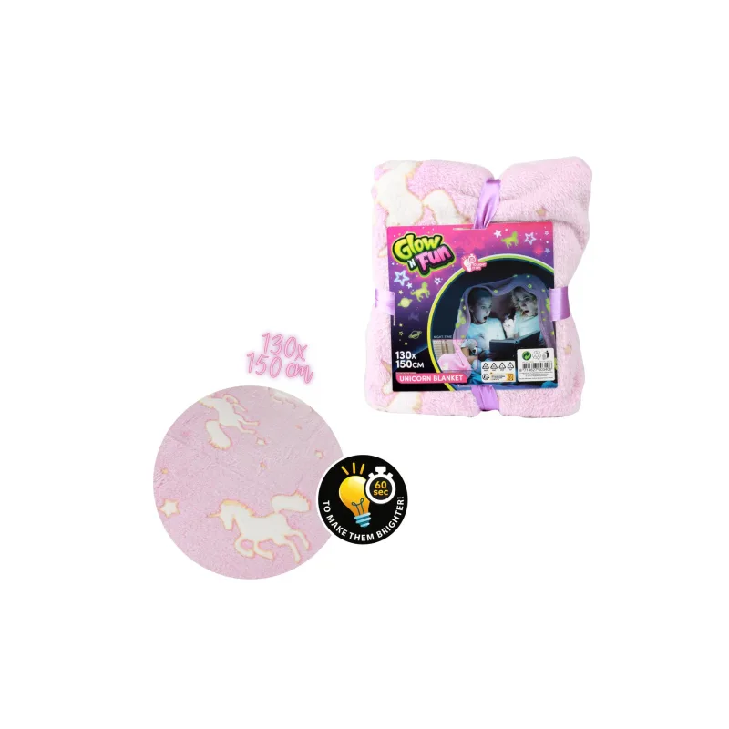Teddies Deka Jednorožec svietiaca v tme plyš 130x150cm ružová