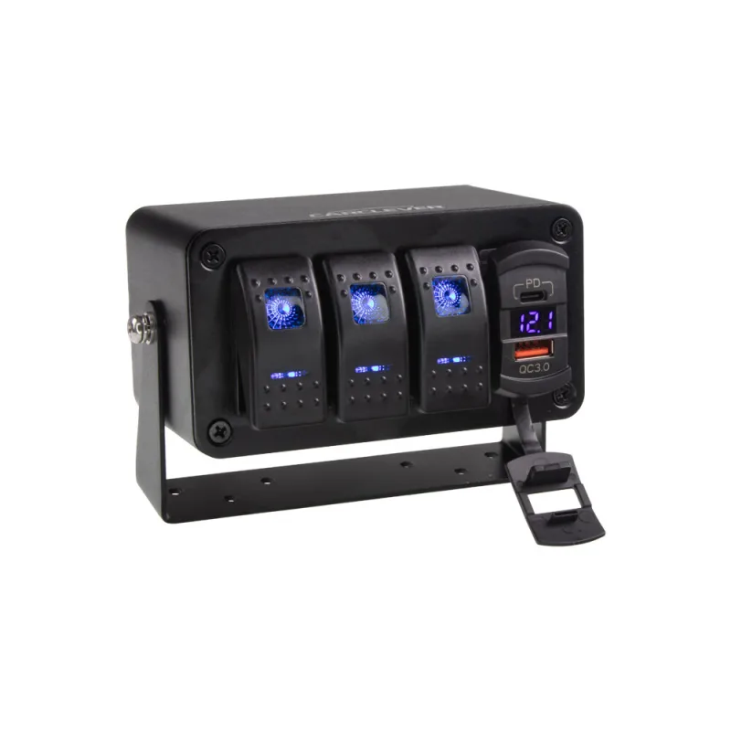 Panel s 3x spínači Rocker, voltmetr + USB/USB-C zásuvka, 12/24V 47174
