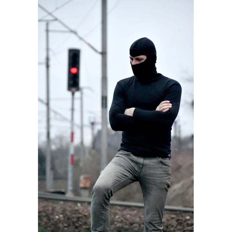 Pánske termo tričko dlhý rukáv s kuklou - XL, čierna sýta