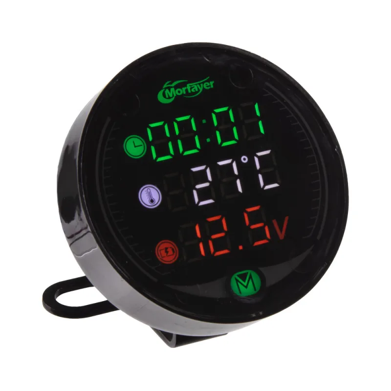 Voltmetr s teploměrem, hodinami a USB nabíječkou na motocykl 34706