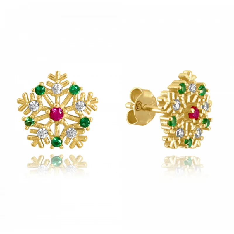Pozlátené strieborné náušnice snehové vločky s farebnými zirkónmi MINET JMAS8038GE00