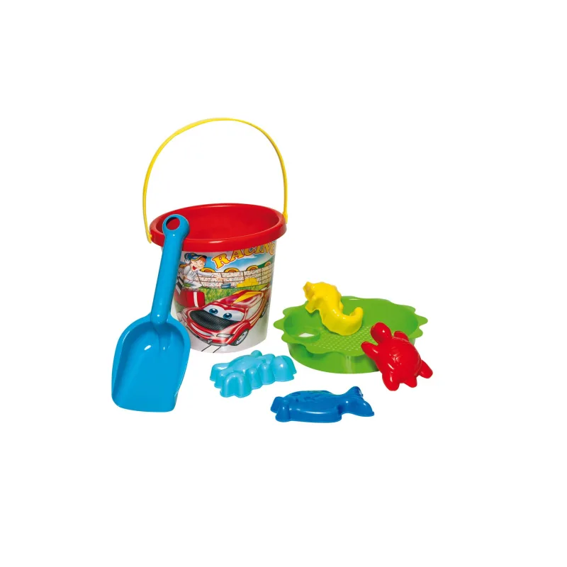 Teddies Sada na piesok 7ks plast vedro, sitko, lopatka, 4 formičky 3 farby v sieťke 18m+