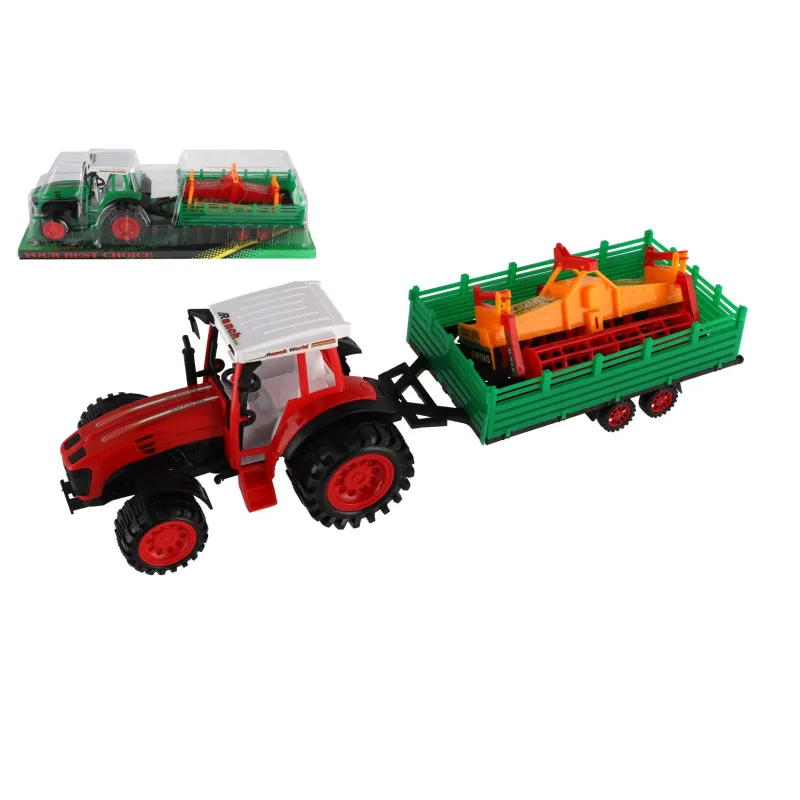 Teddies Traktor s vlekom s kombajnovým valcom plast 46cm na zotrvačník 2 farby v blistri