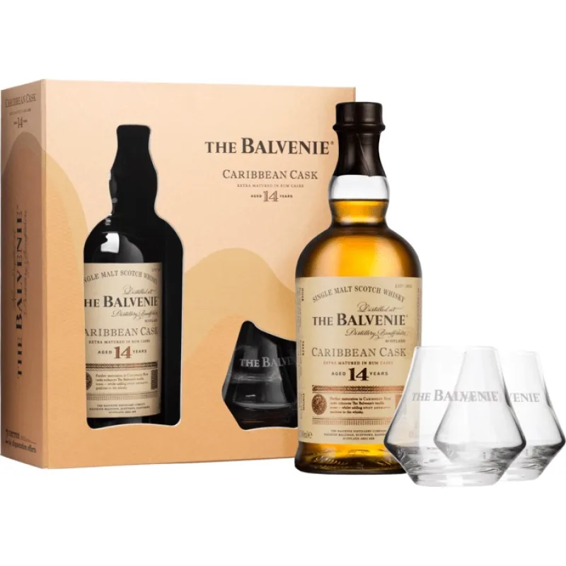 Balvenie 14 ročná Caribbean Cask + 2 poháre 43% 0,7l