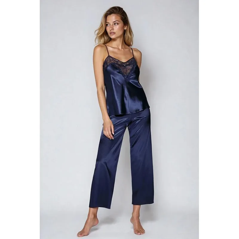 Saténové pyžamo Caroline tmavo modré XXL