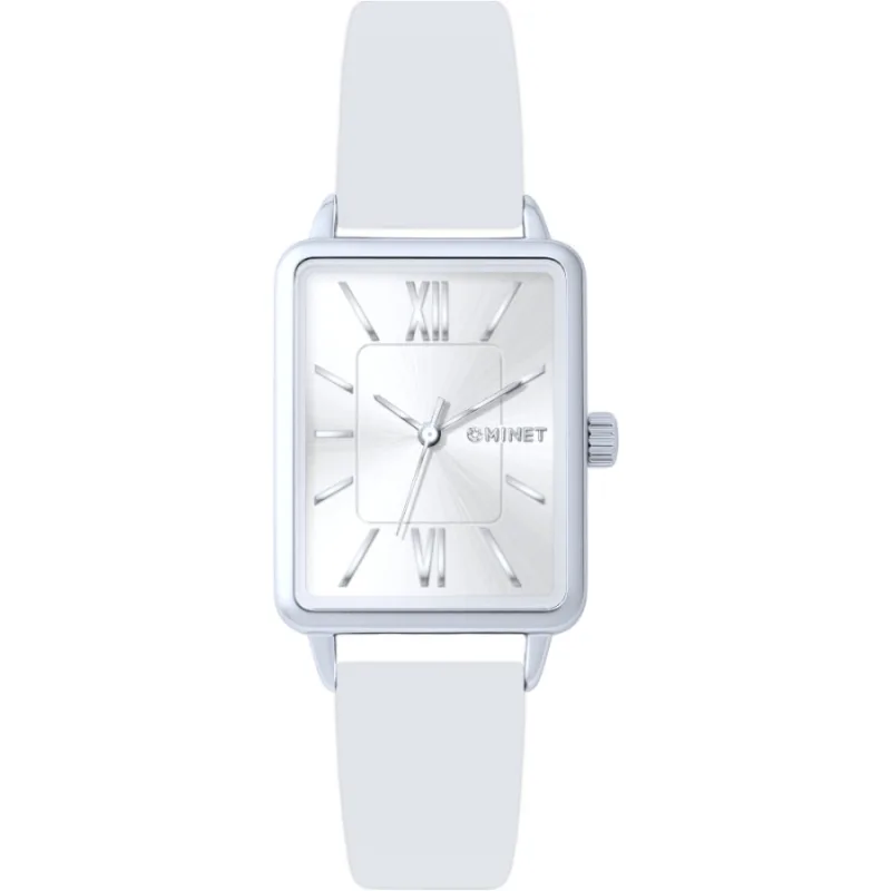 Strieborné dámske hodinky SIENA s bielym koženým remienkom MINET MWL5415