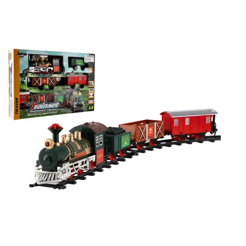 Teddies Vlak + 3 vagóny s koľajnicami 8ks na batérie so zvukom so svetlom v krabici 41x28x6cm