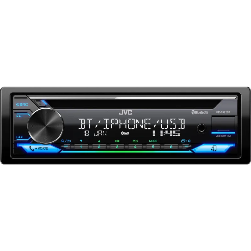 JVC autorádio s CD/MP3/USB/AUX/Bluetooth připojení/multicolor podsvícení/odním.panel KD-T922BT