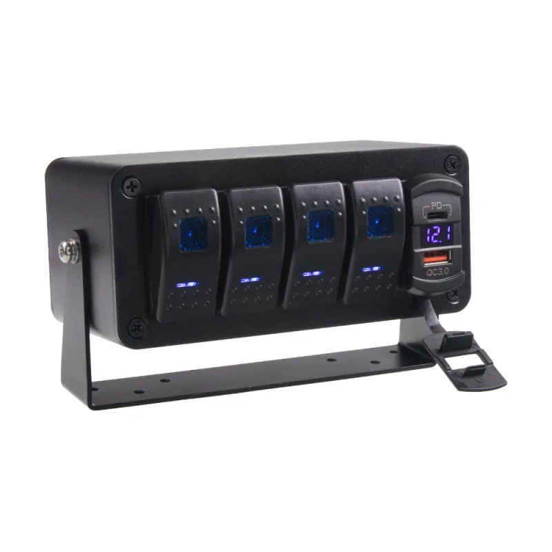 Panel s 4x spínači Rocker, voltmetr + USB/USB-C zásuvka, 12/24V 47175