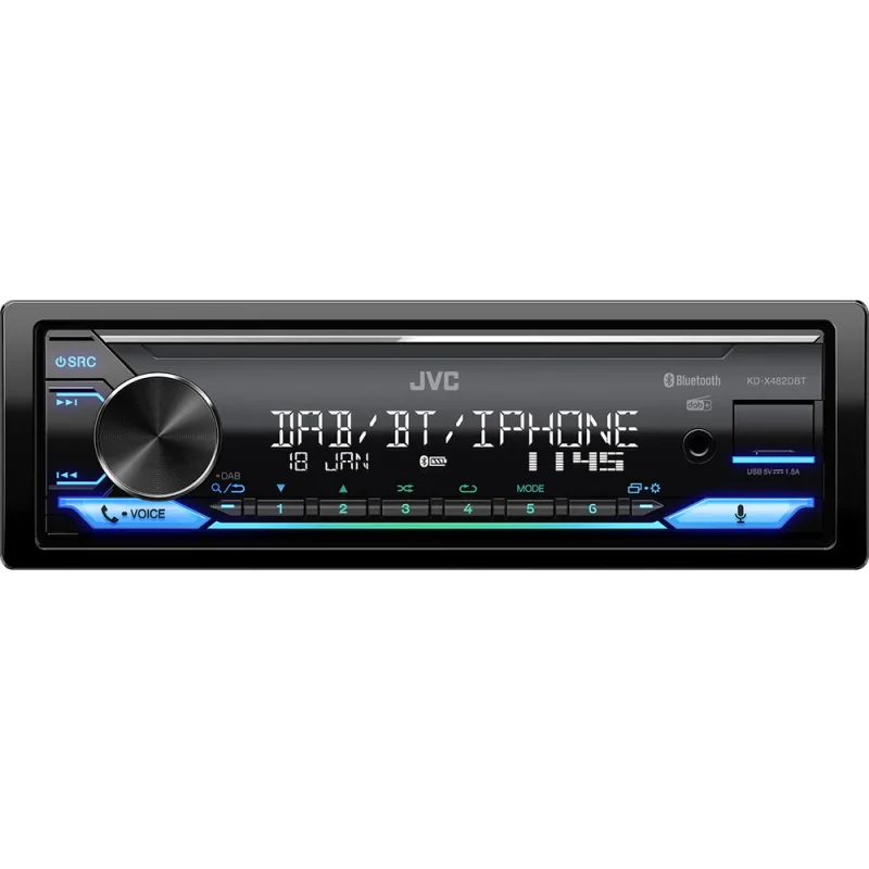 JVC DAB+ / FM autorádio bez mechaniky/Bluetooth/USB/AUX/odním.panel/multicolor KD-X482DBT