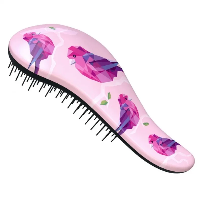 DTANGLER Bird Profesionálna kefa s rukoväťou na rozčesanie vlasov - ružova s vtáčikmi
