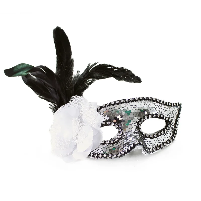 Rappa Škraboška strieborná s kvetinou a perím