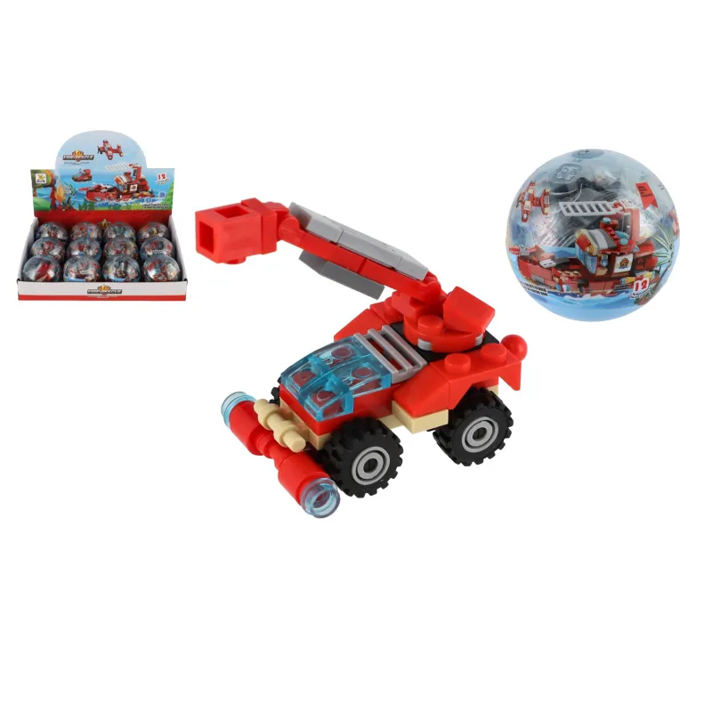 Teddies Stavebnica zásahové vozidlá hasiči plast 7cm mix druhov v plastovej guli 12ks v boxe