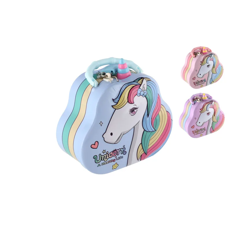 Teddies Pokladnička kabelka jednorožec plechová so zámkom 15x14cm 3 farby v plastovej krabičke