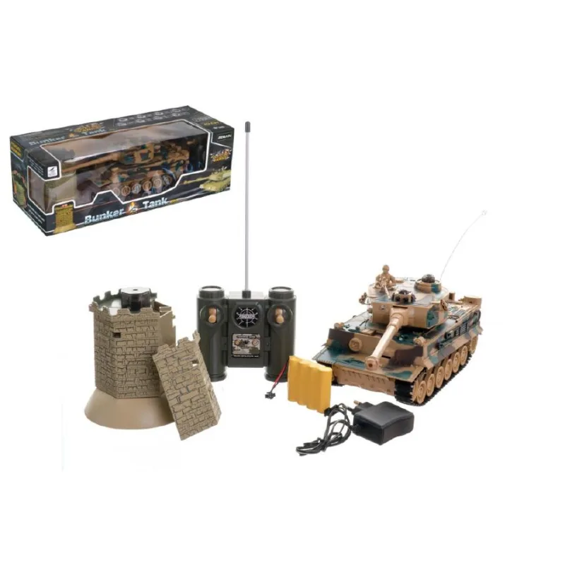 Teddies Tank RC plast 33cm + otočná veža na batérie + dobíjací pack so zvukom a svetlom v krabici 51x17x19cm