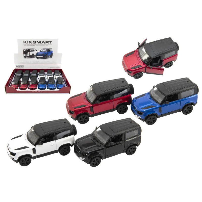 Teddies Auto Kinsmart Land Rover Defender 90 kov/plast 1:36 12,5cm na spätné natiahnutie 4 farby 12ks v boxe