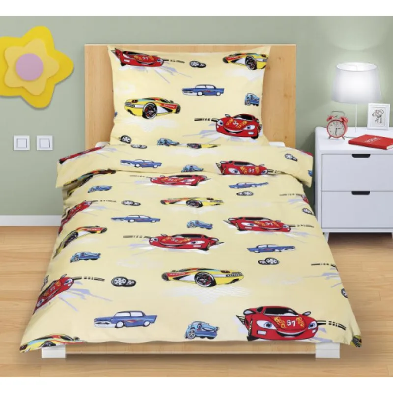 Bellatex Povlečení bavlněné Junior, Závodní auta žlutá - 140x200, 70x90 cm
