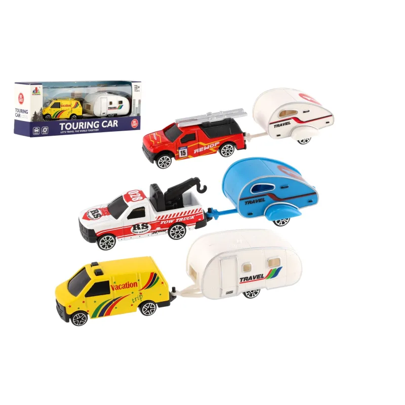 Teddies Auto s mini karavanom kov/plast 14cm na voľný chod 3 druhy v krabičke 19x7x4,5cm