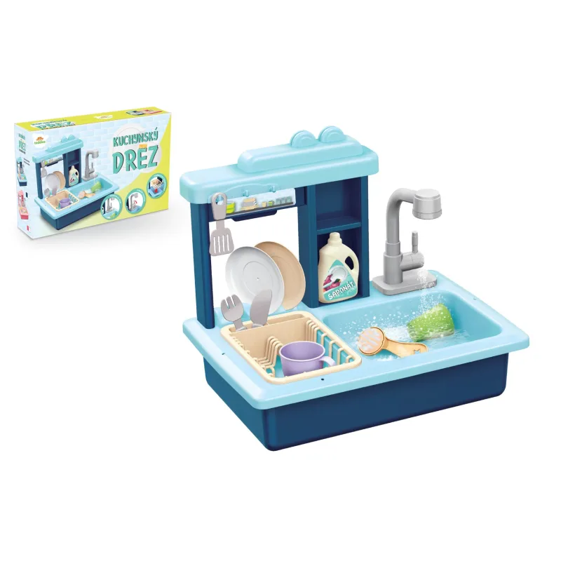 Teddies Drez na umývanie riadu modrý + kohútik na vodu na batérie plast s doplnkami v krabici 46x28x12cm