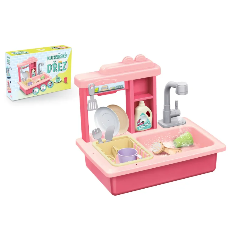 Teddies Drez na umývanie riadu ružový + kohútik na vodu na batérie plast s doplnkami v krabici 46x28x12cm