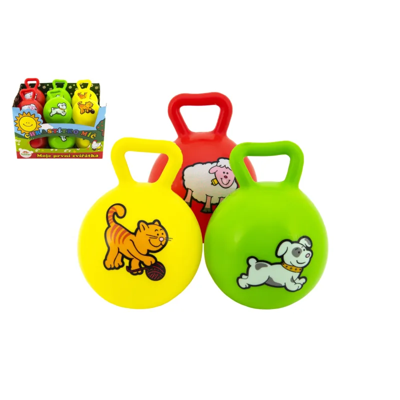 Teddies Lopta s úchytom Moje prvé zvieratká hrkálka 10cm guma 3 farby MPZ 12ks v boxe 0+