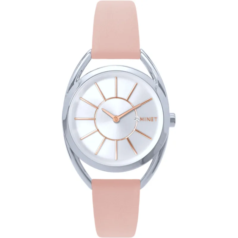 Strieborné dámske hodinky ICON SILVER s ružovým koženým remienkom MINET MWL5236