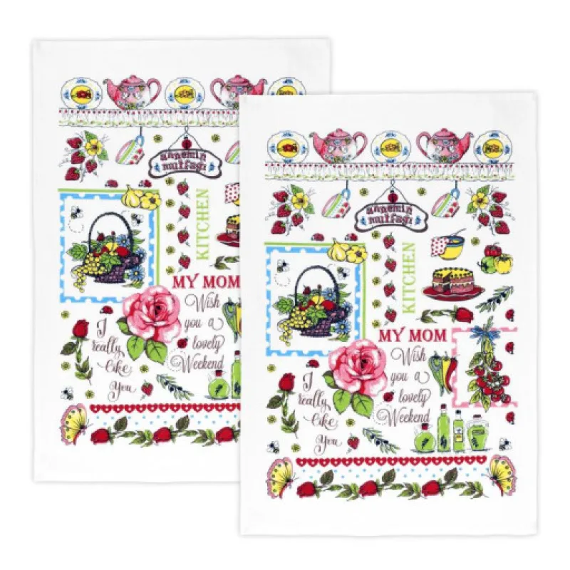 Bellatex Kuchyňské utěrky, sada 2 kusů - Růže růžová, červená, zelená - 40x60 cm