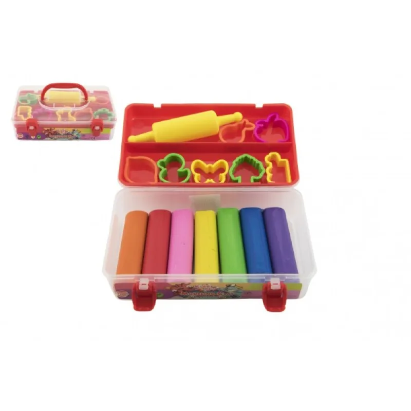 Modelovacia hmota/Plastelína Nara 550g 7 ks s vykrajovačkami 7ks s valčekom v plastovom boxe 20x12x7cm