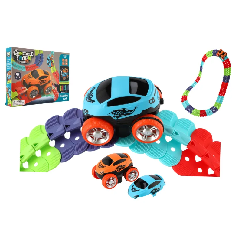 Teddies Autodráha farebná pružná 92 ks plast + auto na batérie so svetlom v krabici 35x27x6cm