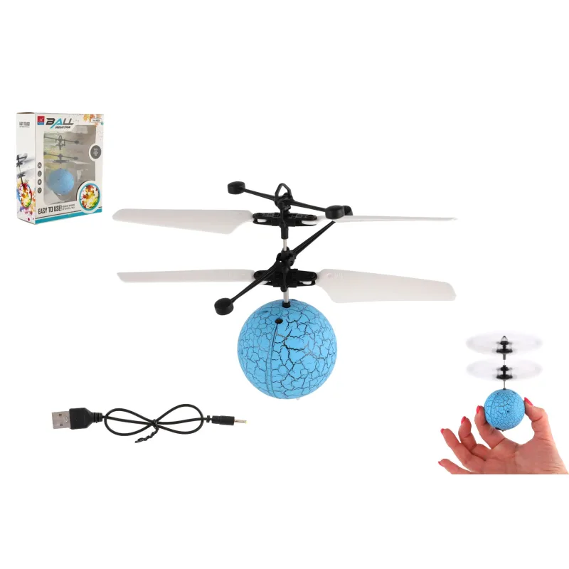 Teddies Vrtuľníková guľa lietajúca plast 13x11cm reagujúca na pohyb ruky s USB káblom modrá v krabičke