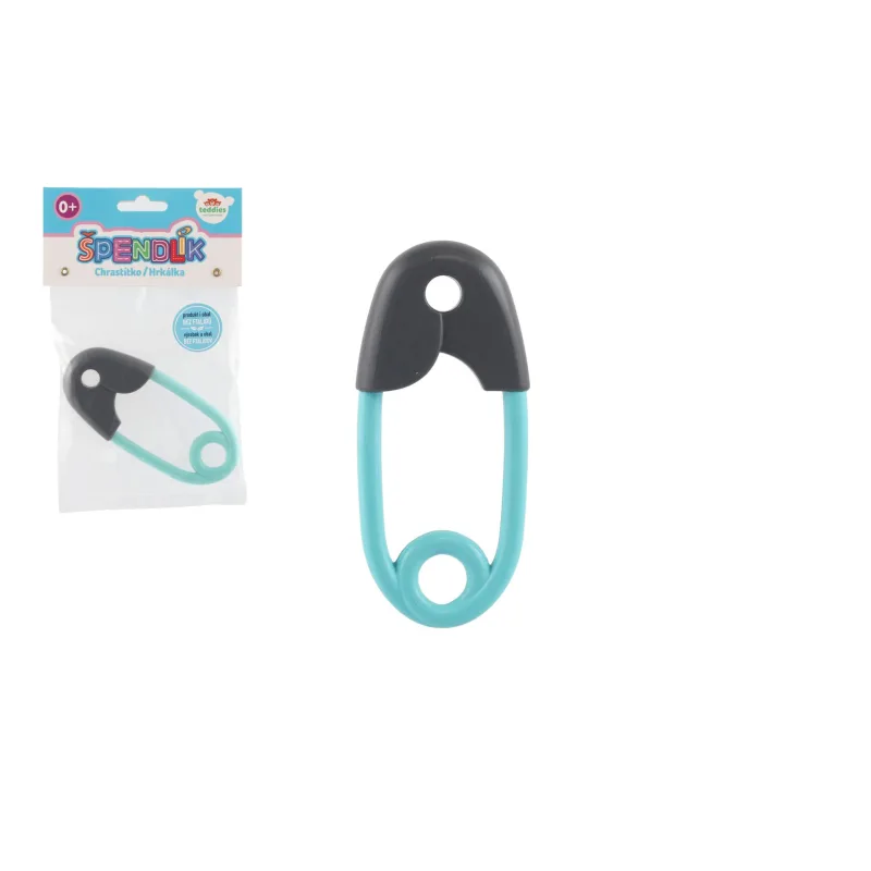 Teddies Hrkálka špendlík plast 12cm šedotyrkysová 12x19cm v sáčku 0m+