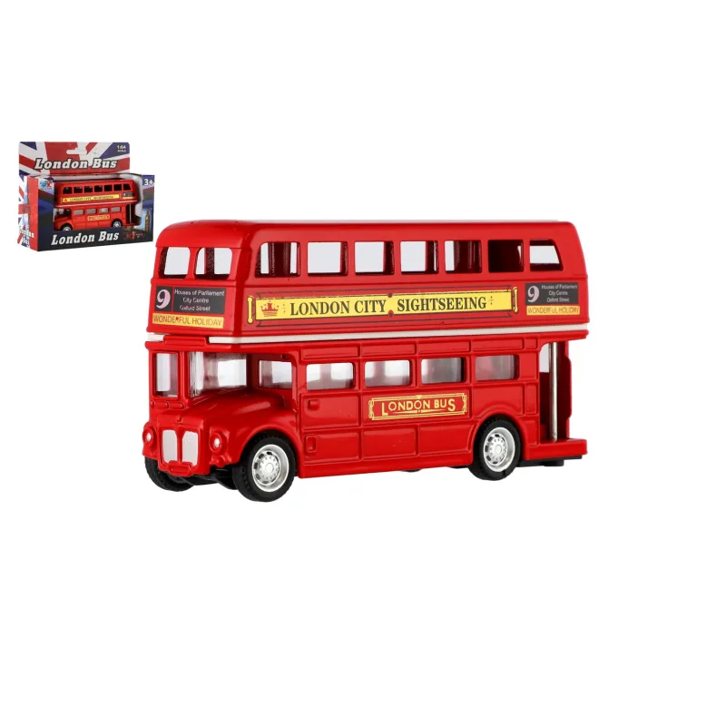 Teddies Autobus "Londýn" červený poschodový kov/plast 12cm na spätné natiahnutie v krabičke 17x13,5x6cm