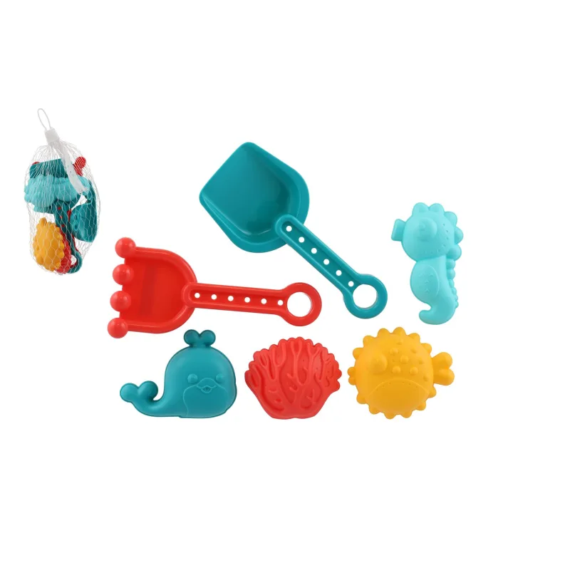 Teddies Súprava na piesok plast lopatka,hrabičky,formičky 4ks v sieťke 10x16cm 18m+