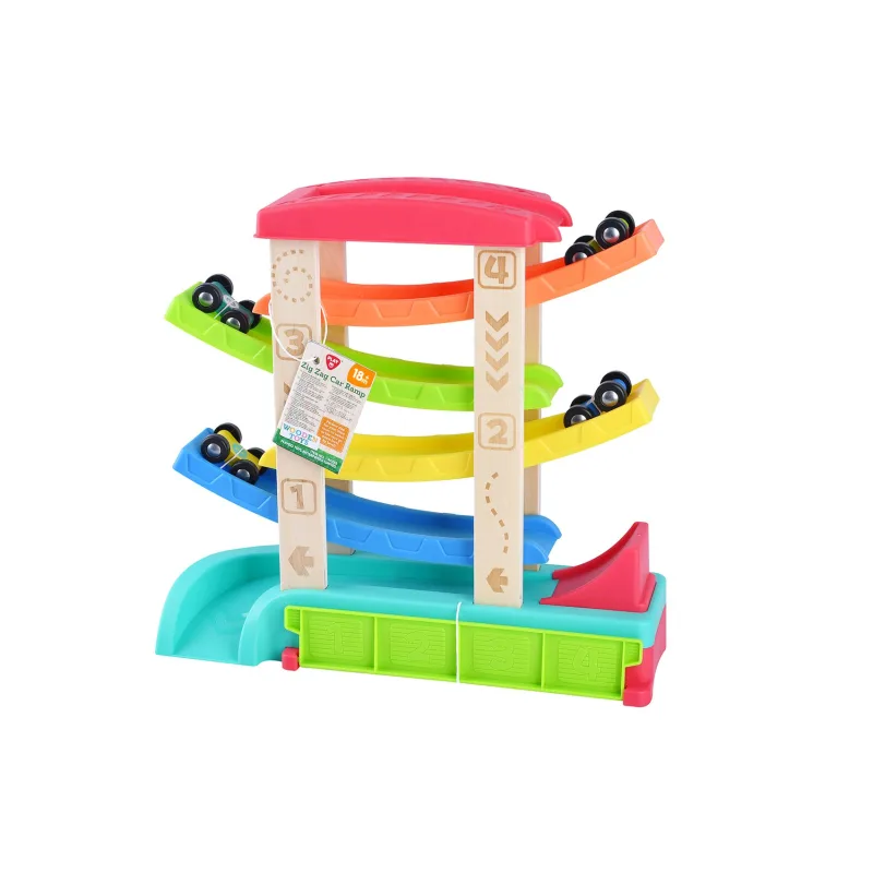 Teddies Dráha závodná kaskádová pre autá + autá 4ks drevo/plast 33x32x10cm 18m+