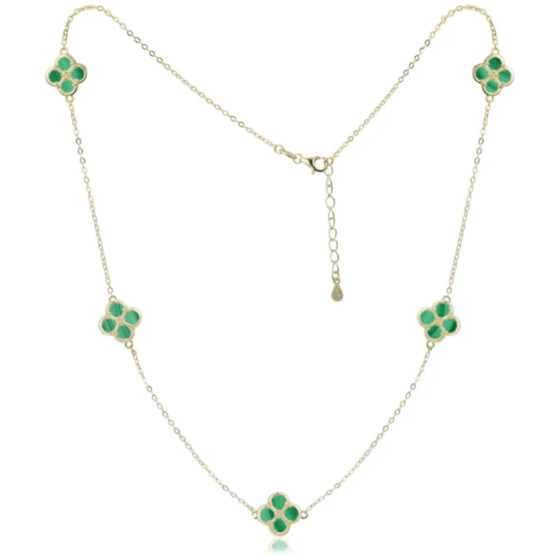 Pozlátený strieborný náhrdelník štvorlístok s malachitom MINET JMAS7058GN50