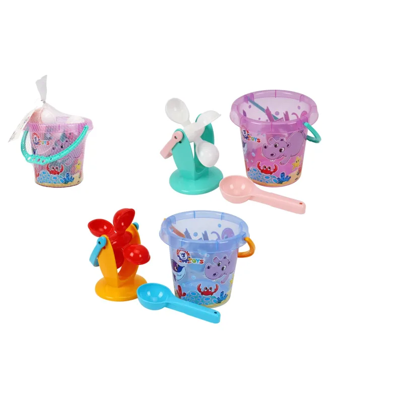 Teddies Sada na piesok ak vode plast vedro, mlynček s doplnkami v sieťke 17x16cm