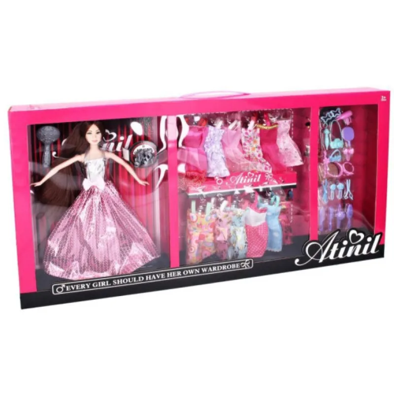 Módní butik, panenka bruneta s šatníkem, 30cm