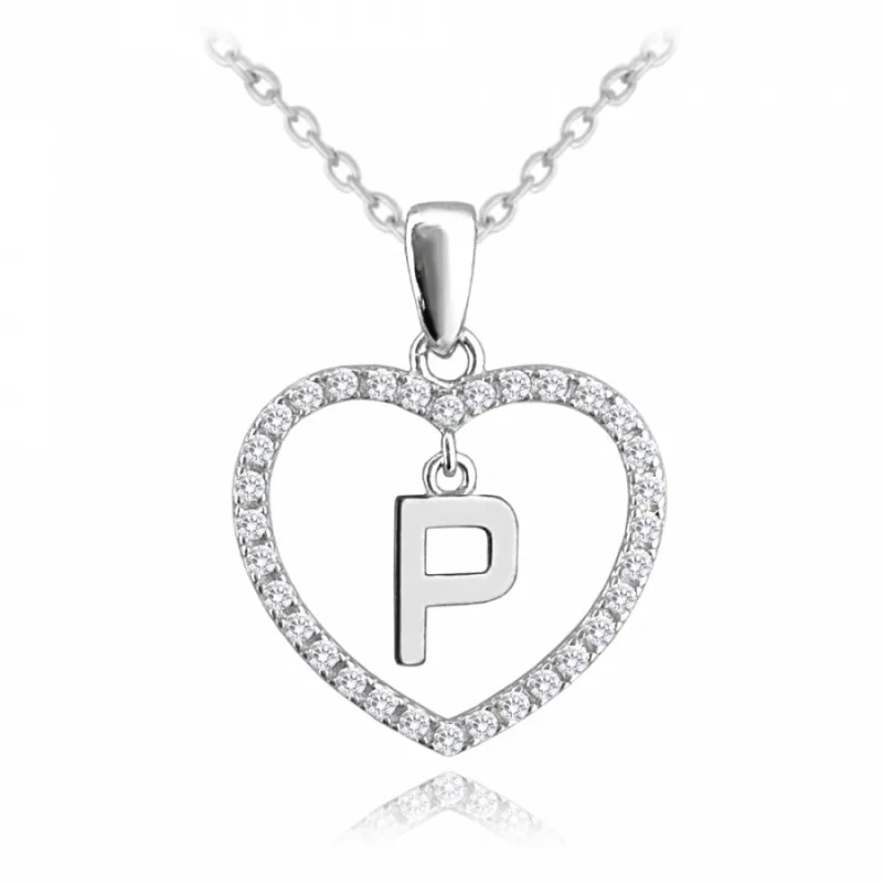 Strieborný náhrdelník písmeno v srdiečku "P" so zirkónmi MINET JMAS900PSN45
