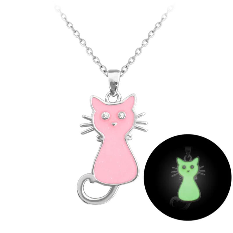 Svietiaci ružový strieborný náhrdelník mačička MINET JMAD0024PN38