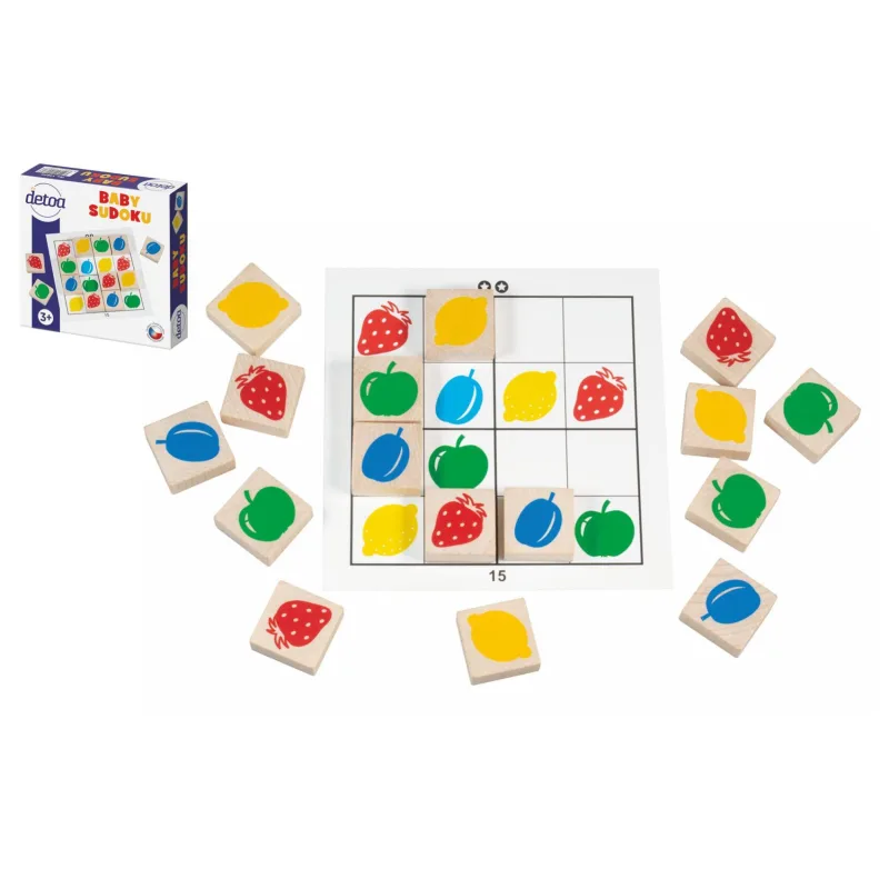 Detoa Baby sudoku logická hra dřevo 25ks v krabičce 15x15x4cm